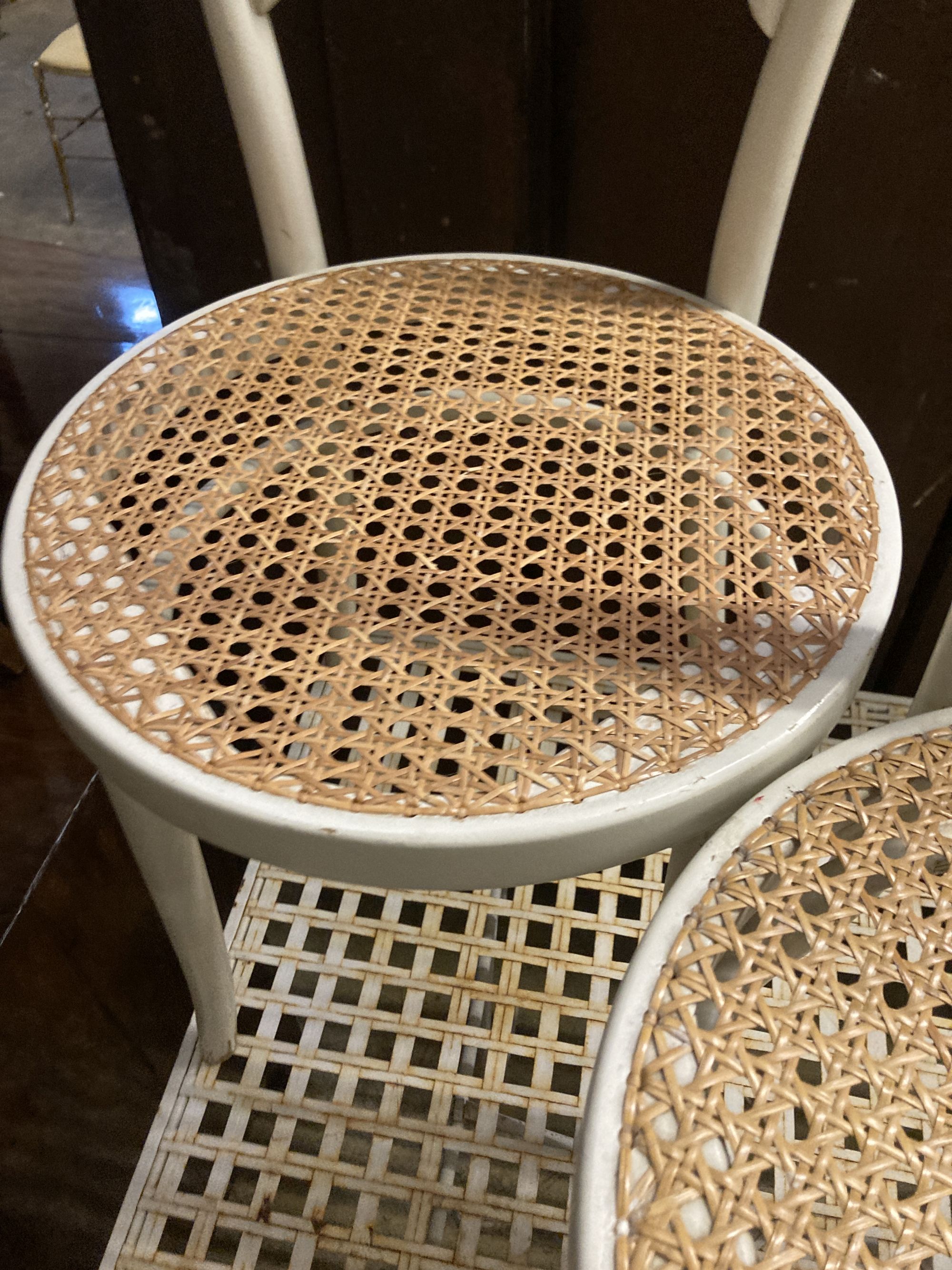 Two Edwardian cane seat chairs and a pair of painted Bentwood cane seat chairs